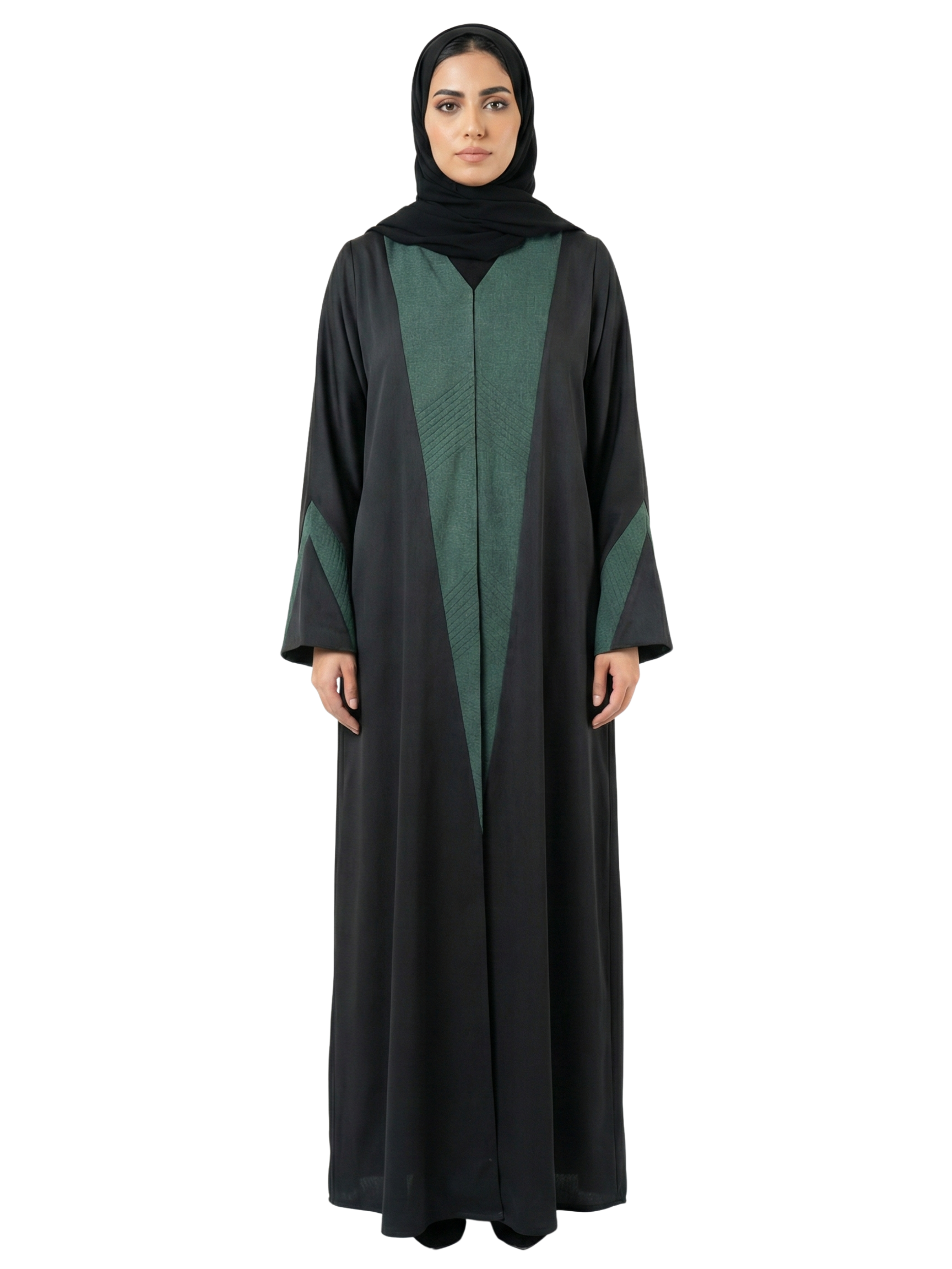 Contrast Panel Abaya (Black & Emerald Green) 1005