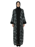 Floral Print Open Abaya (Grey & Black Lapel) 1047