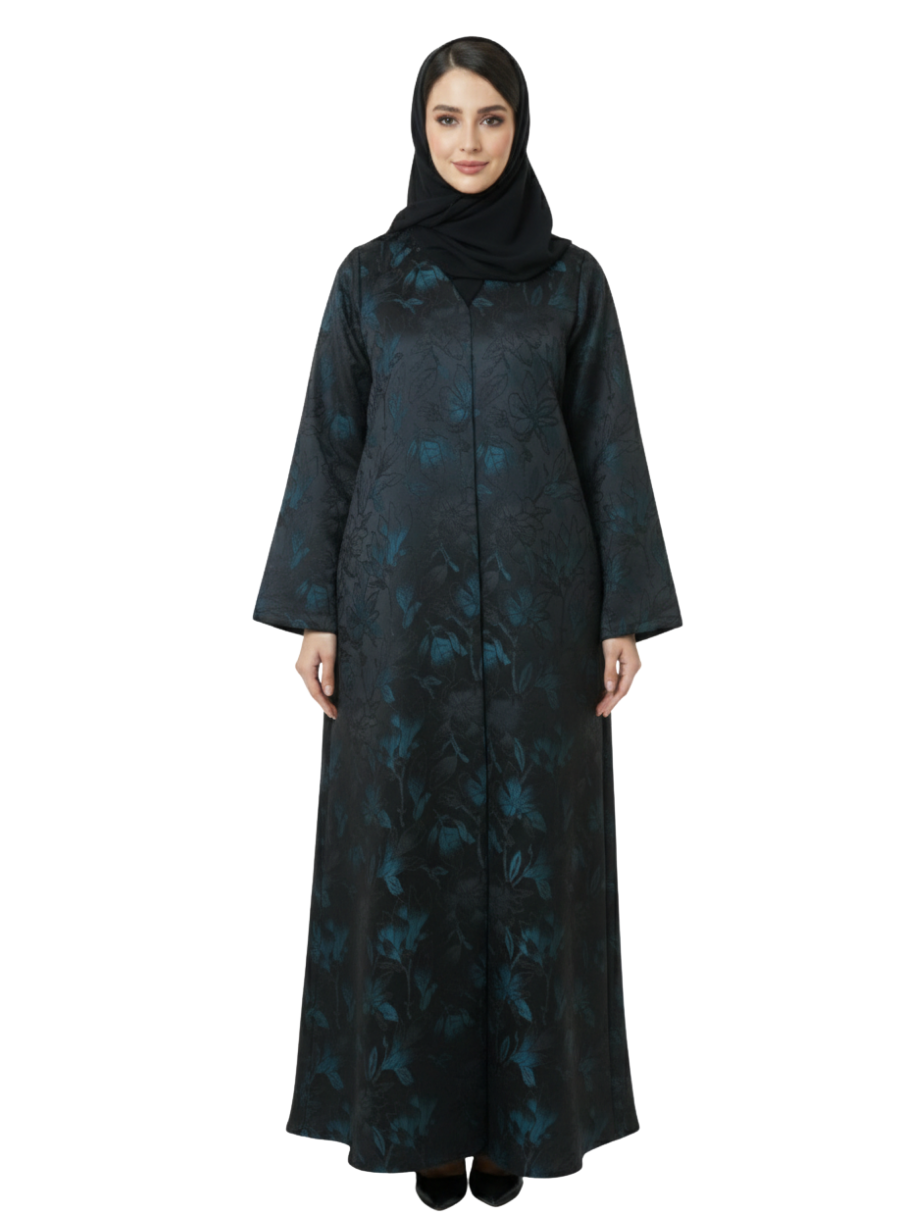 Teal Floral Print Abaya (Black Base) 1083