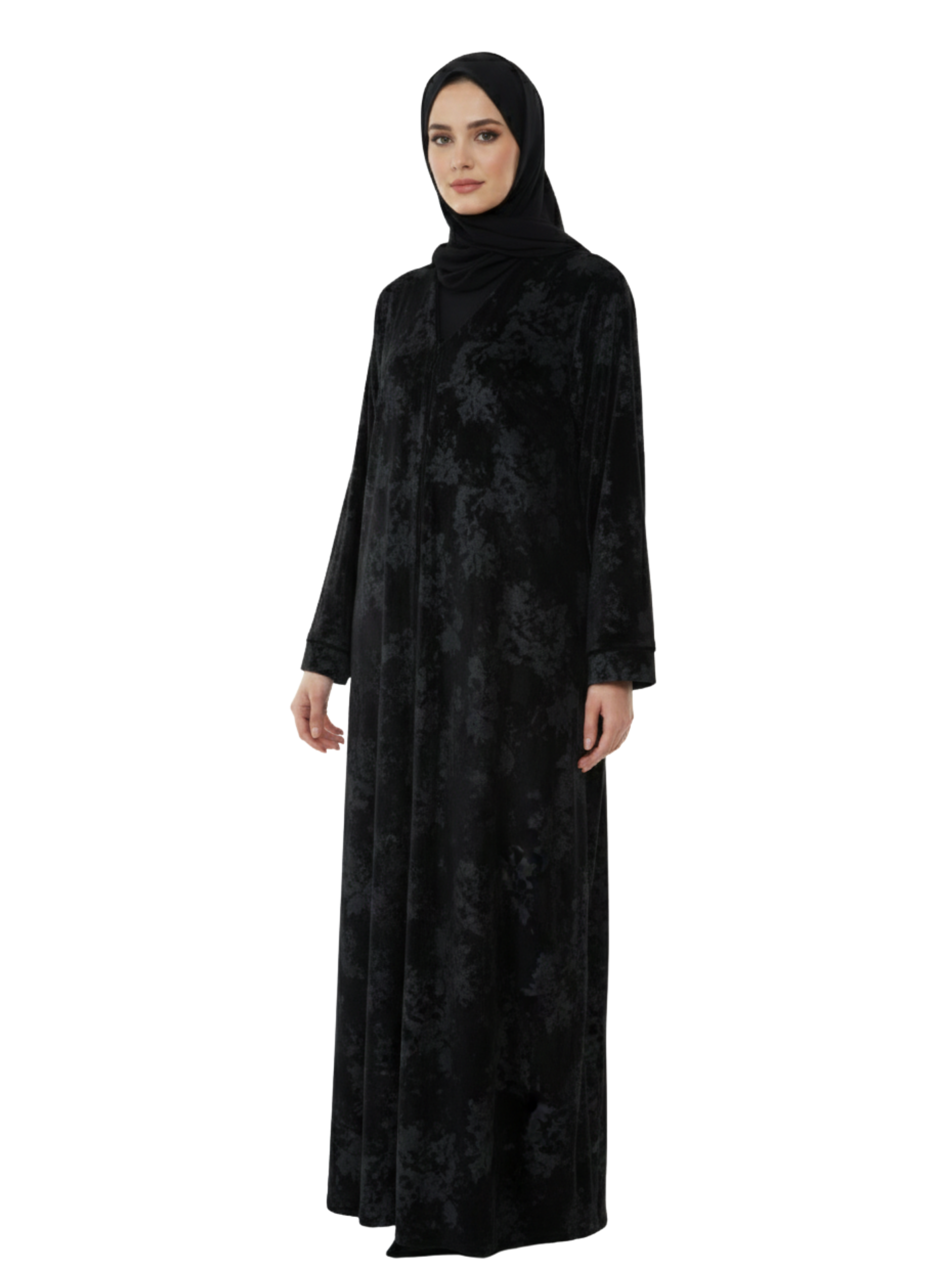 Shadow Floral V-Neck Abaya (Black-on-Black) 1073