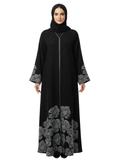 Floral Border Trim Abaya (Black with Grey Floral) 1093