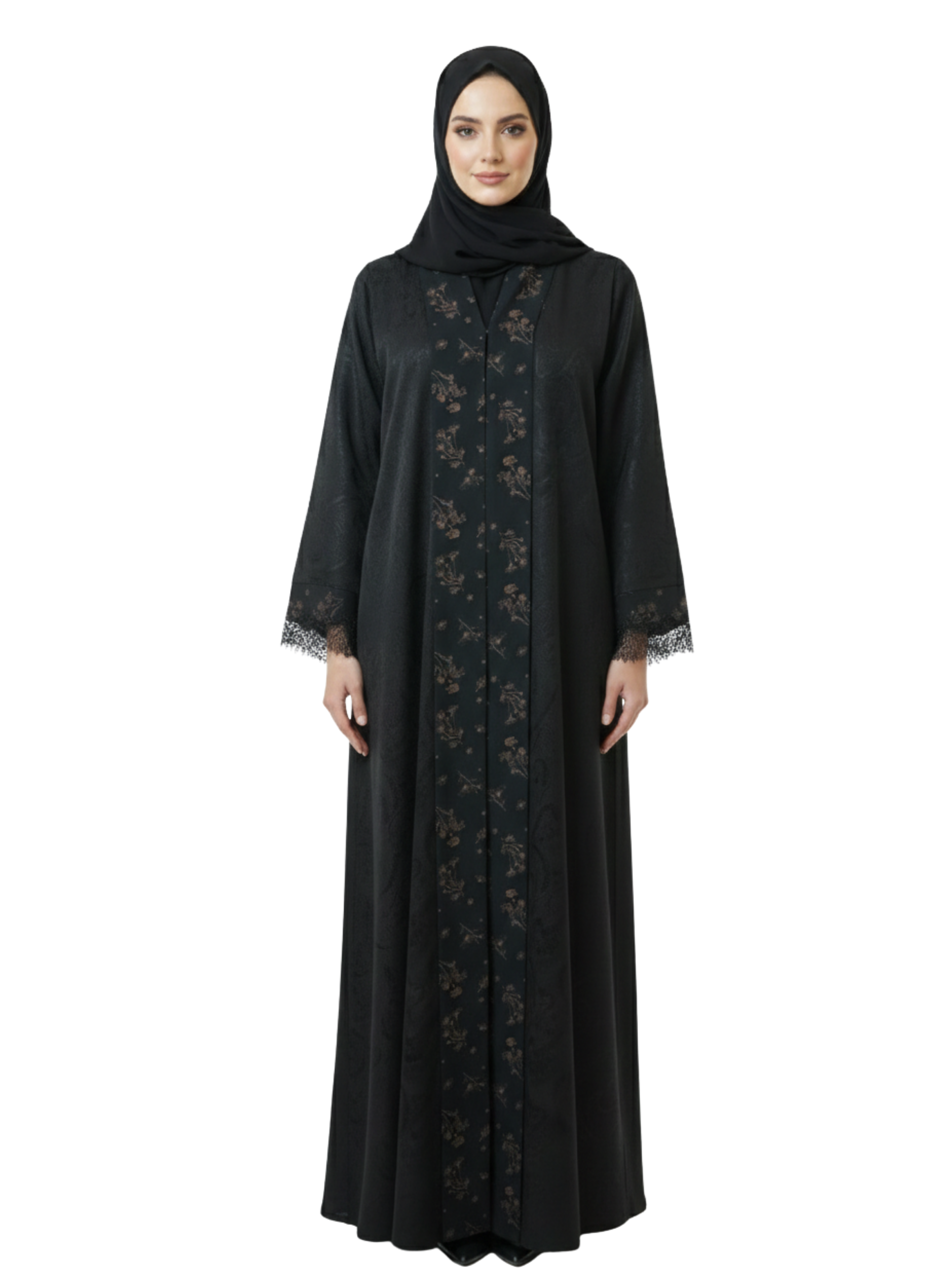 Lace Cuff Overlay Abaya (Black with Bronze Floral Panel) 1098