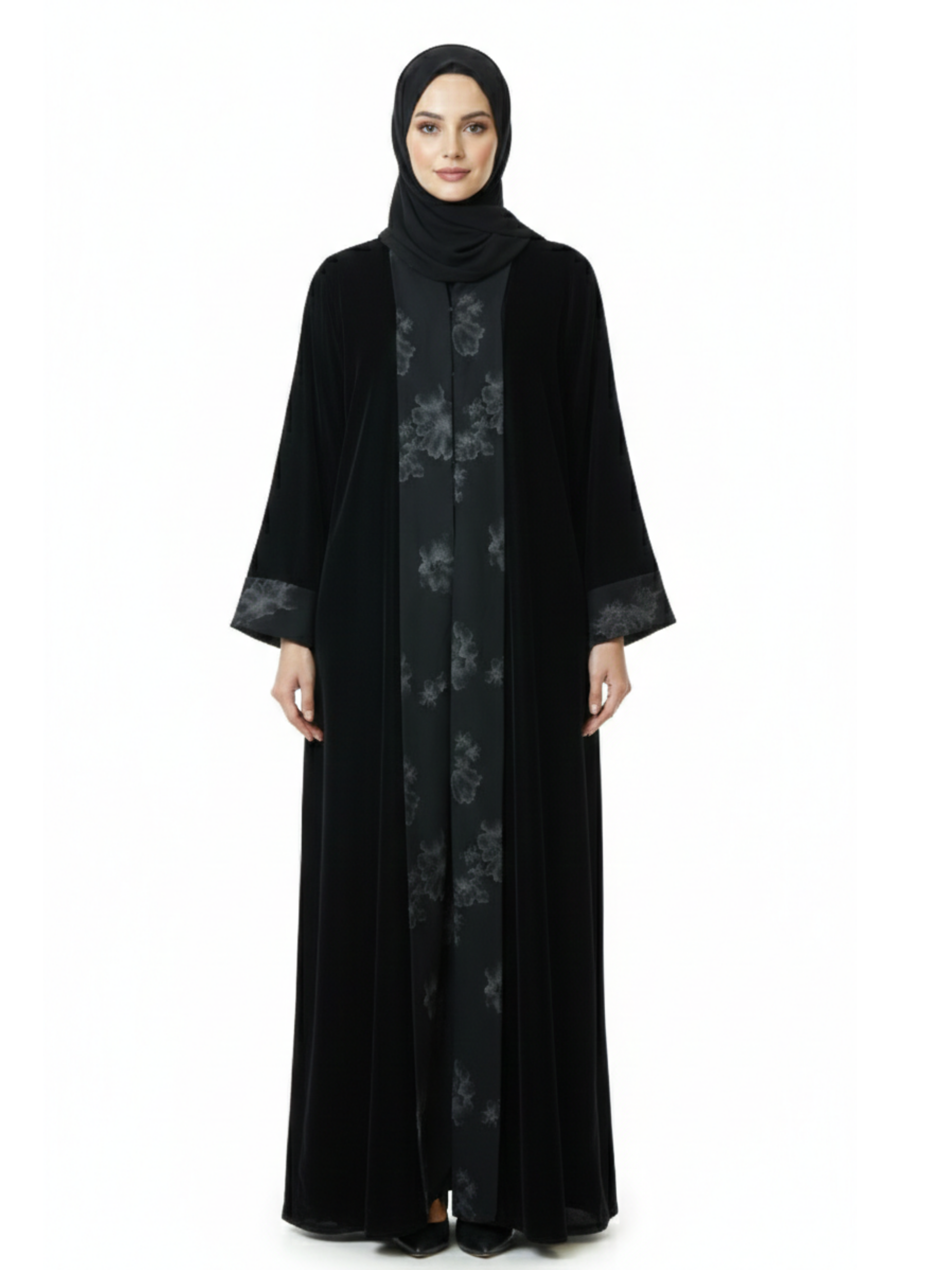 Smoky Floral Panel Open Abaya (Classic Black) 1092