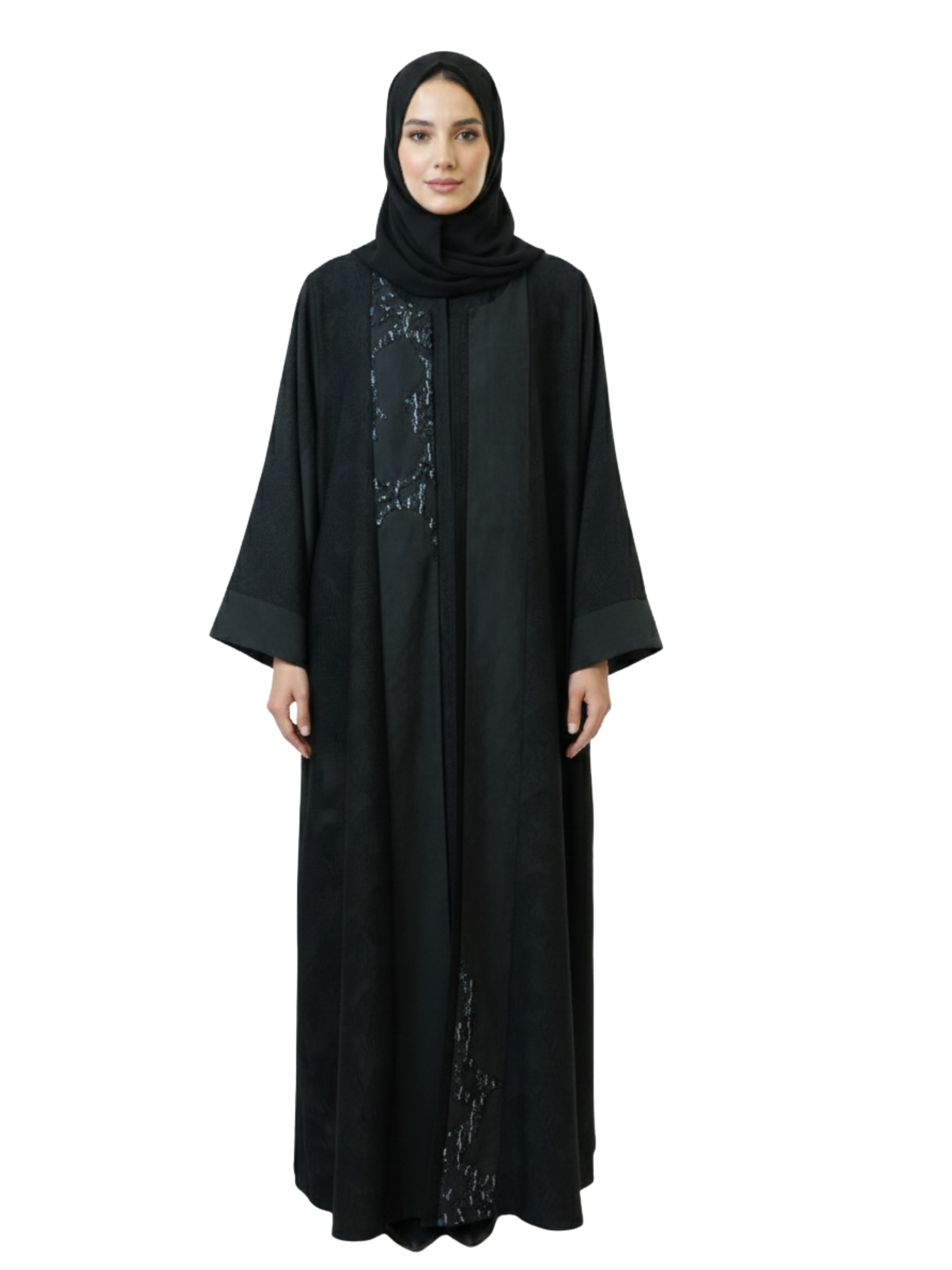 Asymmetric Sequin Panel Open Abaya (Classic Black) 1023
