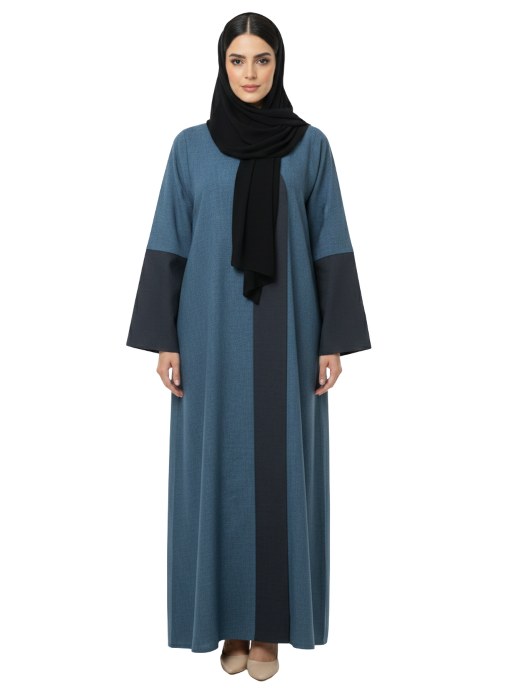 Colorblock Panel Abaya (Dusty Blue & Charcoal) 1004