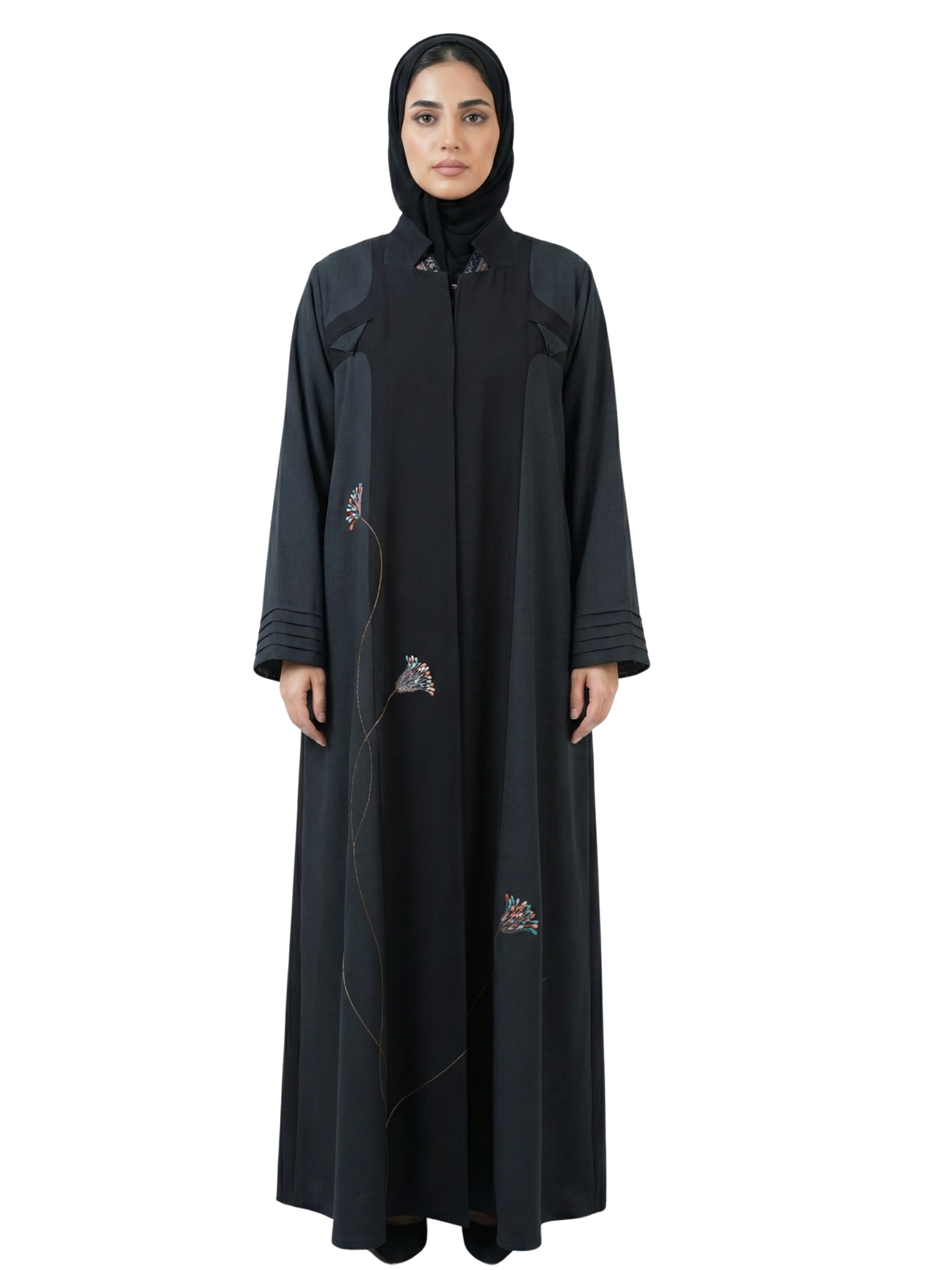 Embroidered Floral Abaya (Charcoal Black) 1007