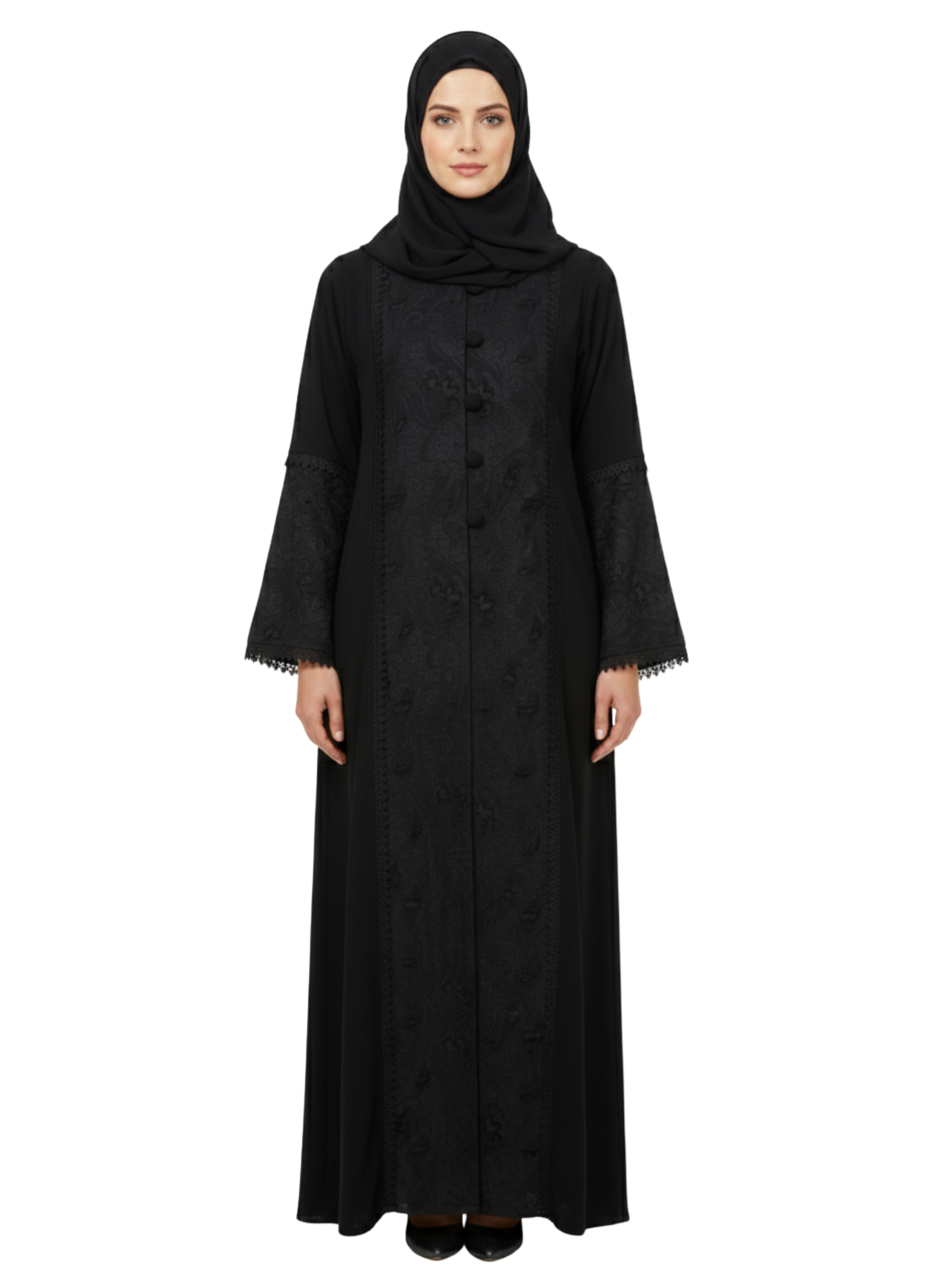 Button-Front Jacquard Panel Abaya (Classic Black) 1045