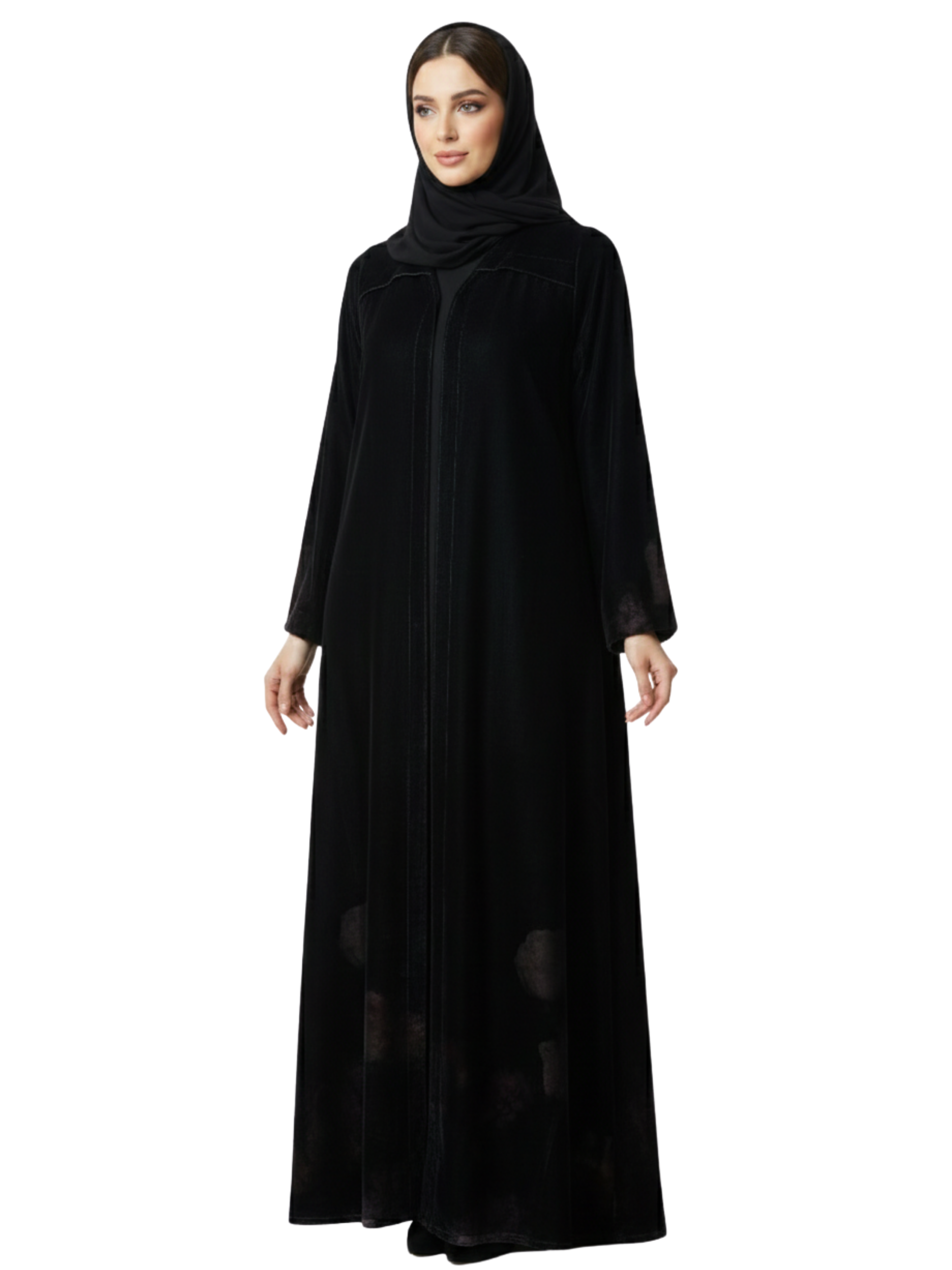 Lace-Trim Jacquard Panel Abaya (Black) 1074