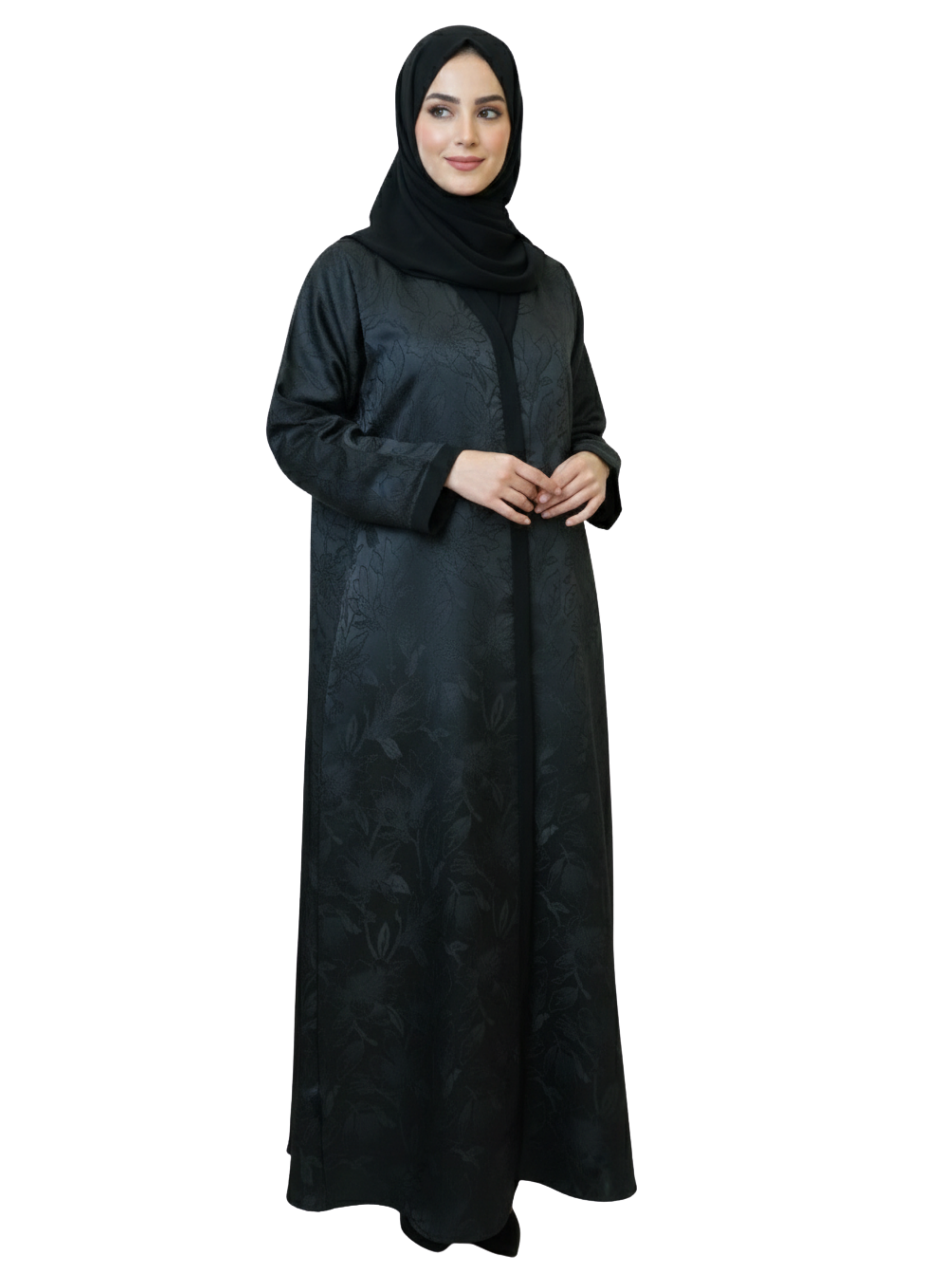 Tonal Floral Jacquard Panel Abaya (Deep Charcoal) 1080
