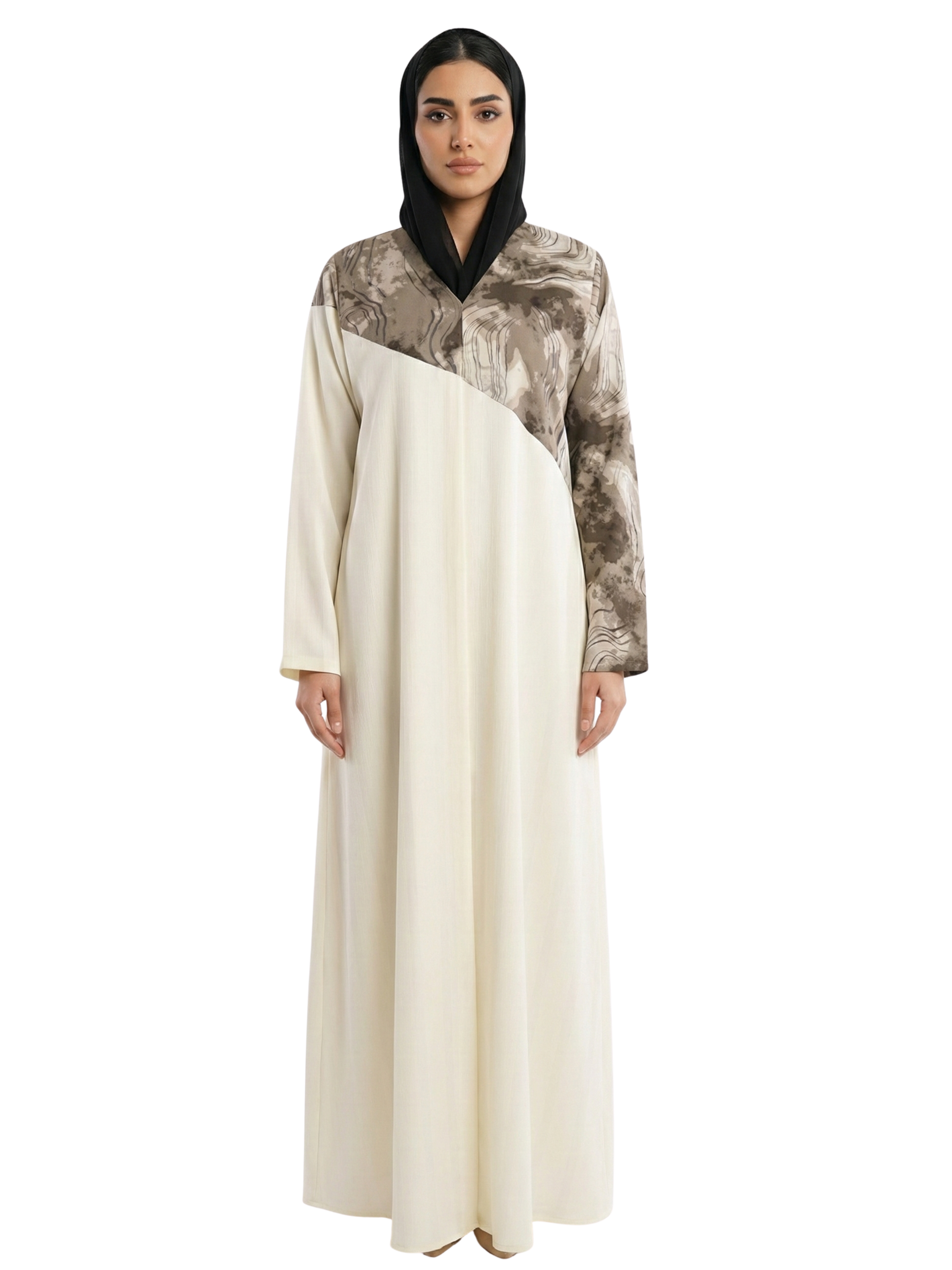 Marble-Contrast Panel Abaya (Ivory & Taupe) 1066