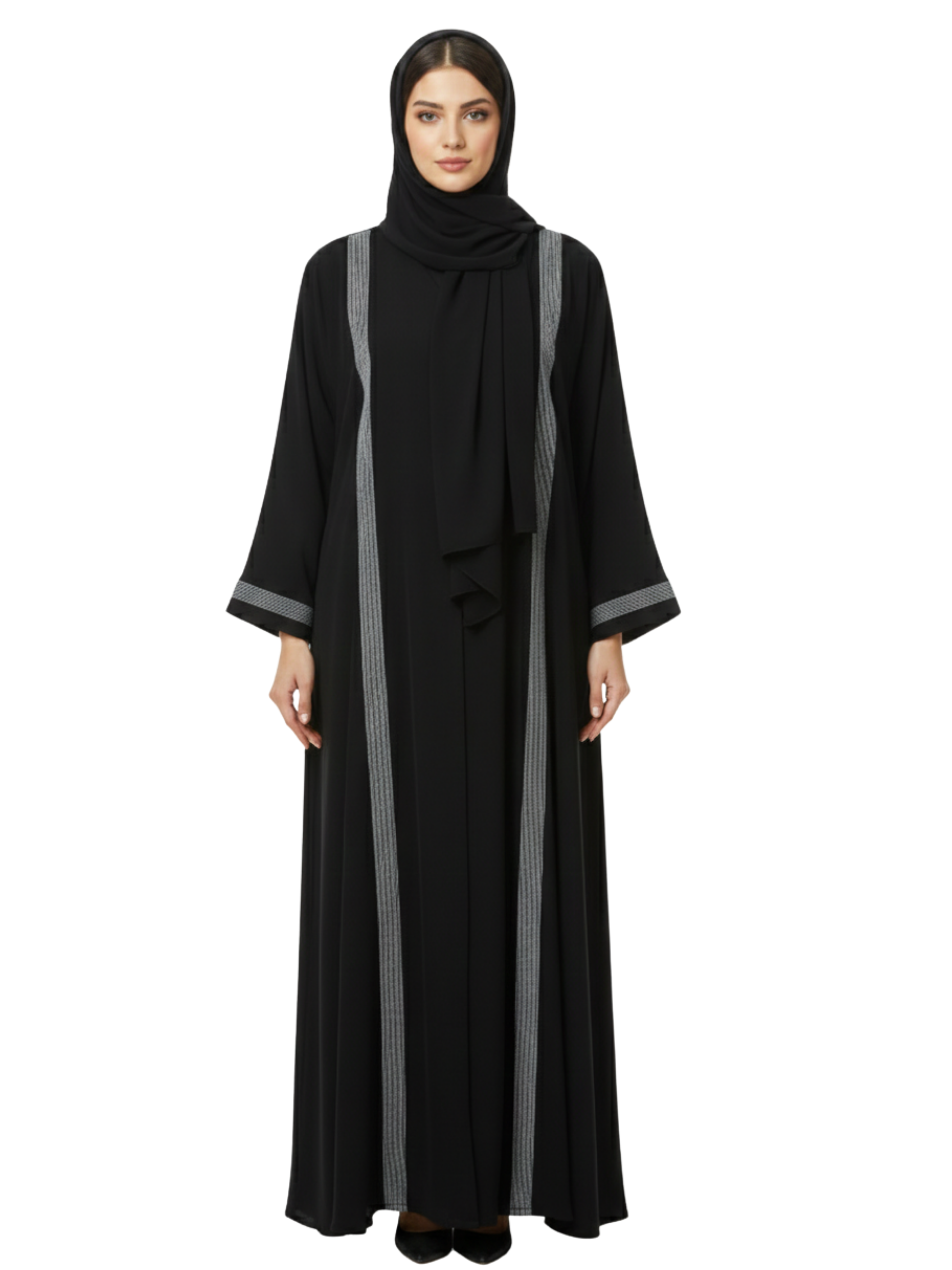 Textured Contrast Trim Abaya (Black & Silver Grey) 1088