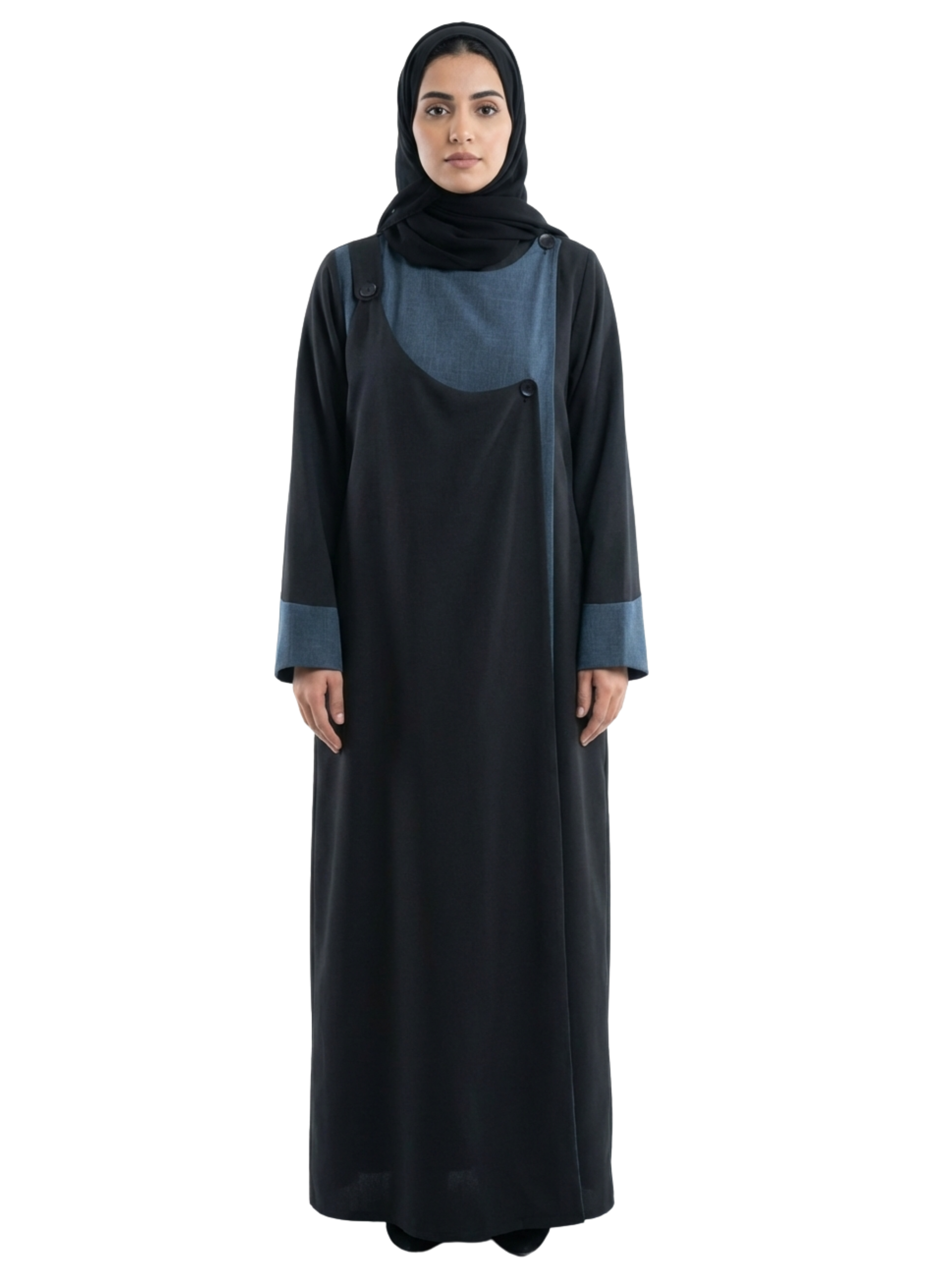 Contrast Bib Detail Abaya (Black with Denim Blue) 1006