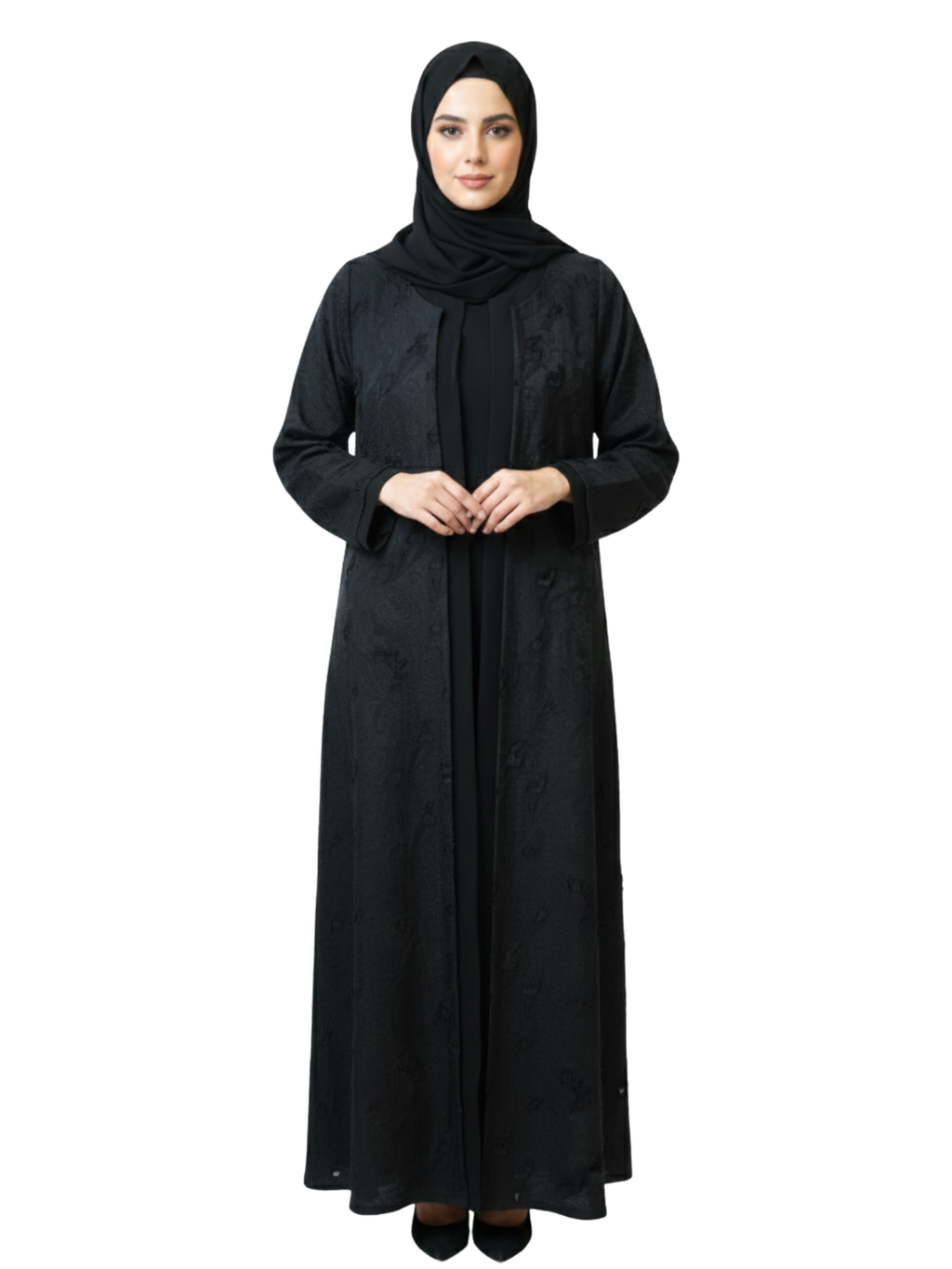 Tonal Jacquard Open-Front Abaya (Black) 1038