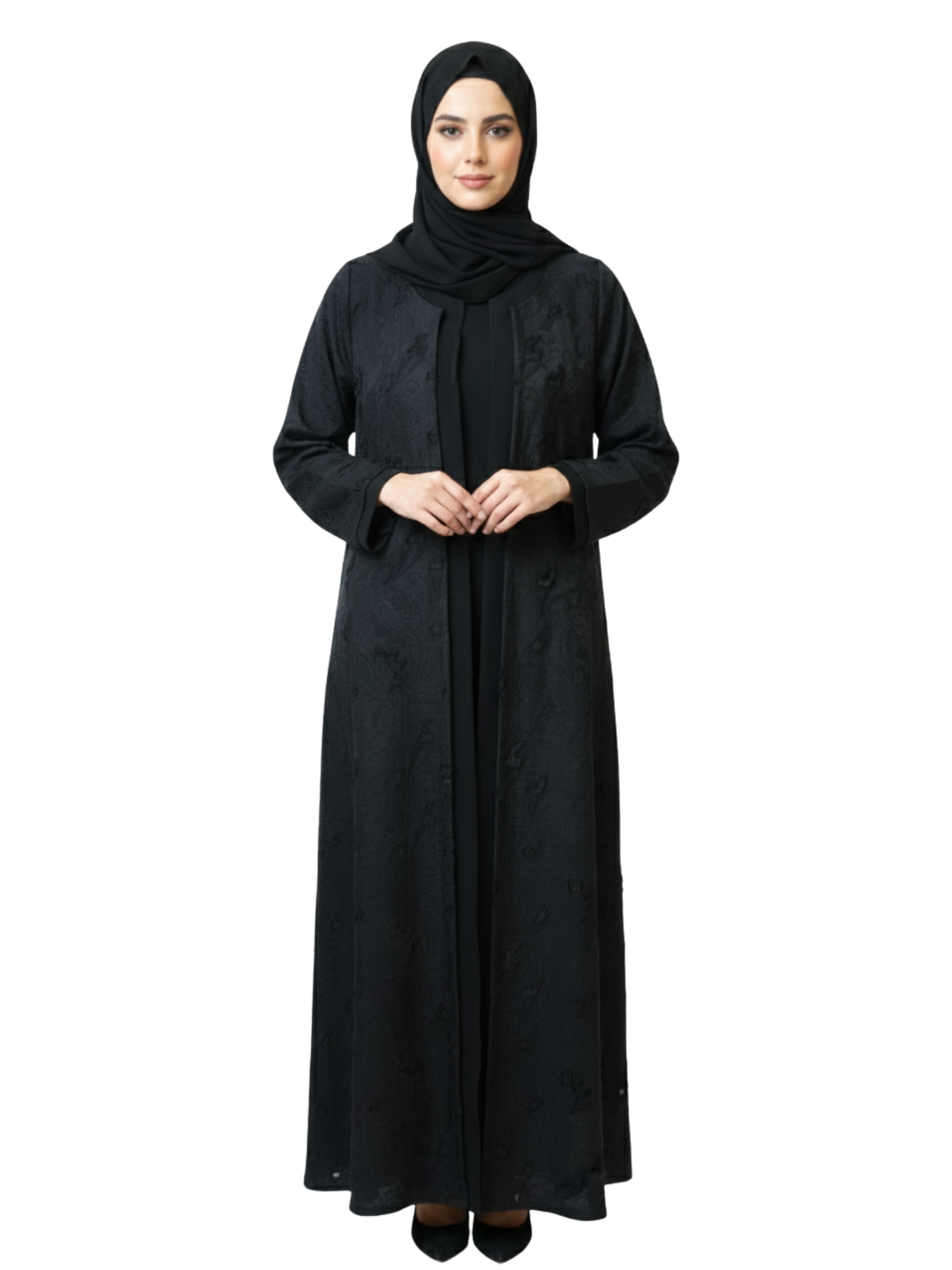 Tonal Jacquard Open-Front Abaya (Black) 1038