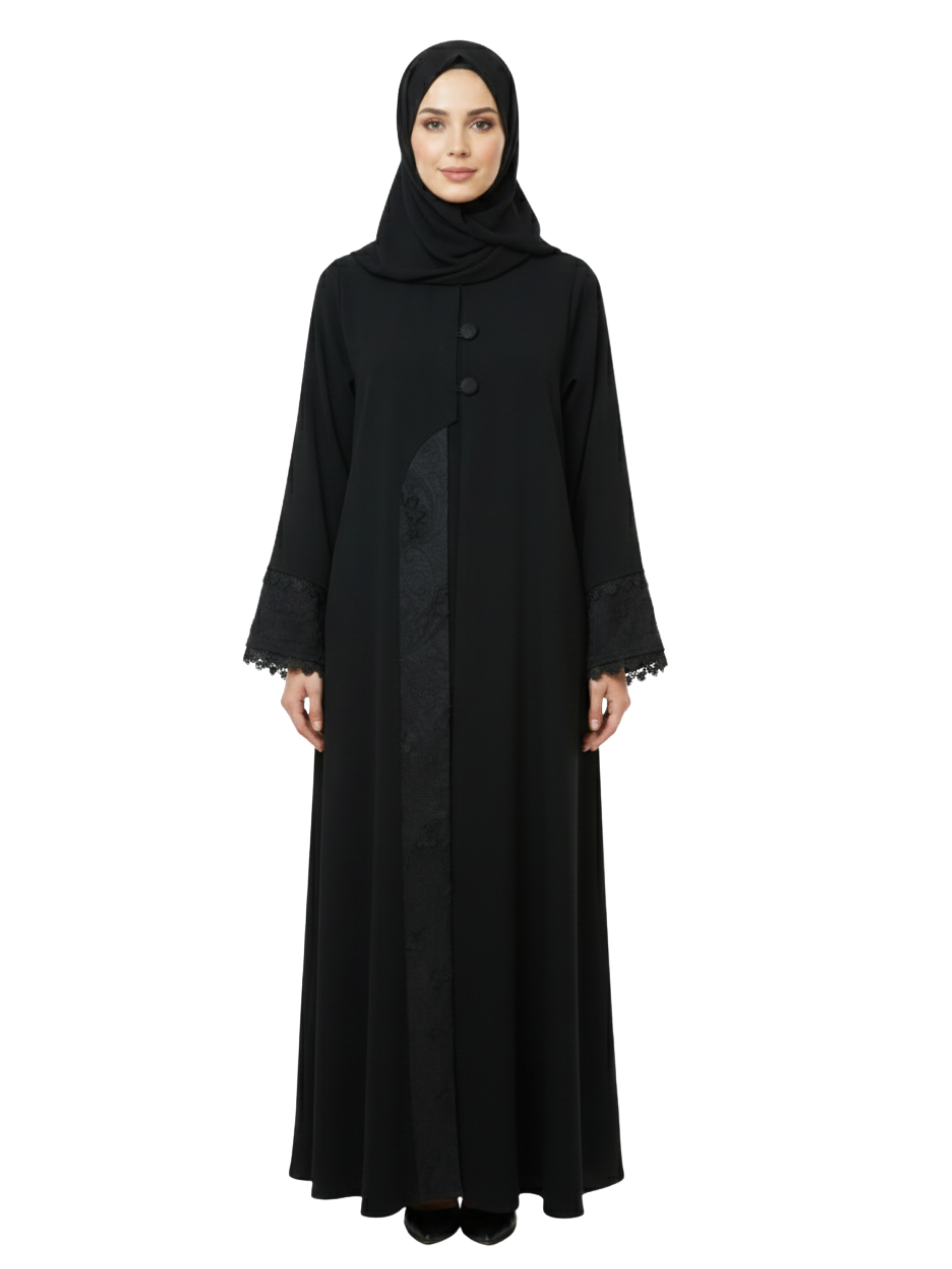 Asymmetric Panel Lace-Cuff Abaya (Classic Black) 1043