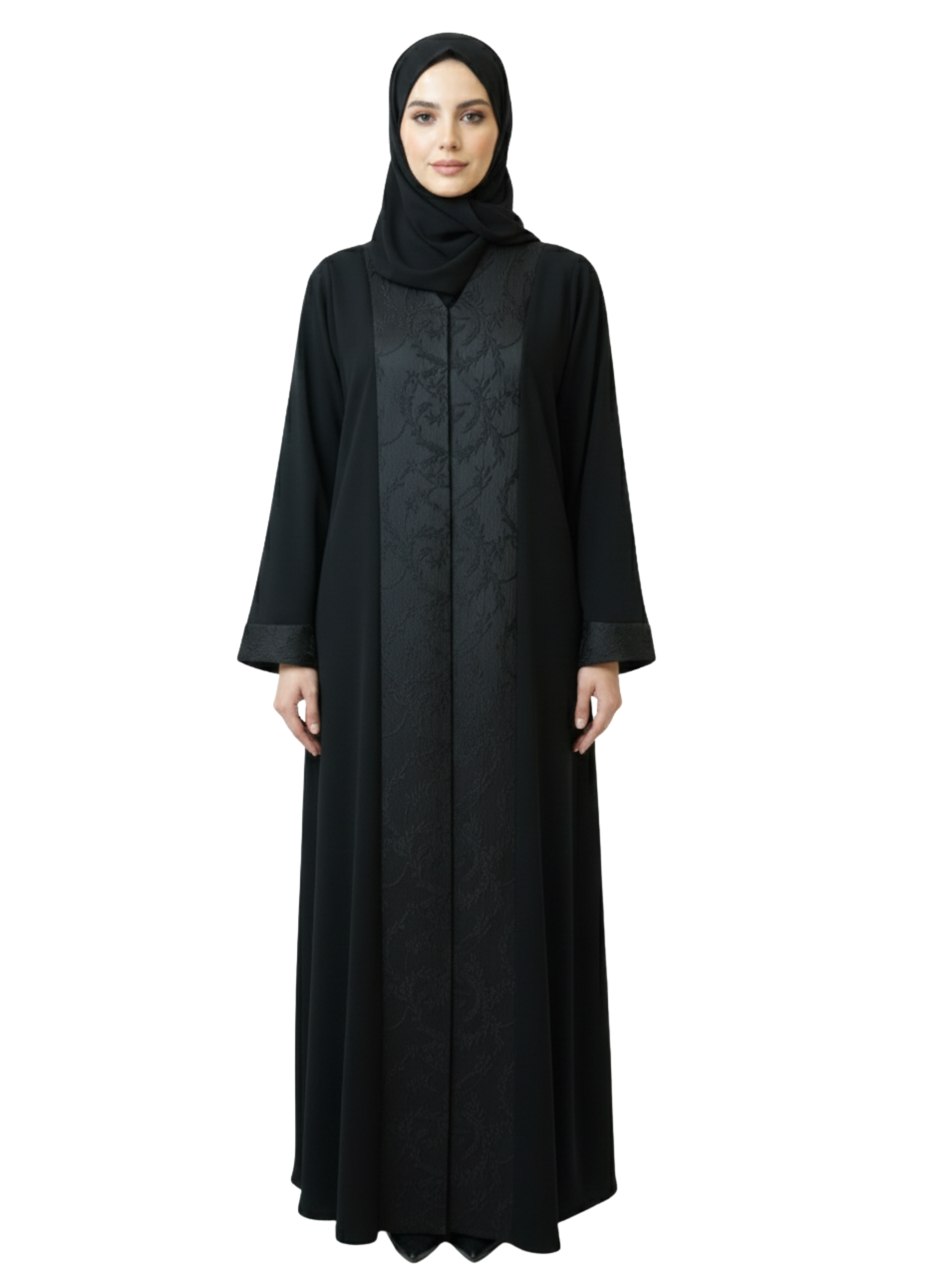 Tonal Jacquard Panel Abaya (Black On Black) 1037