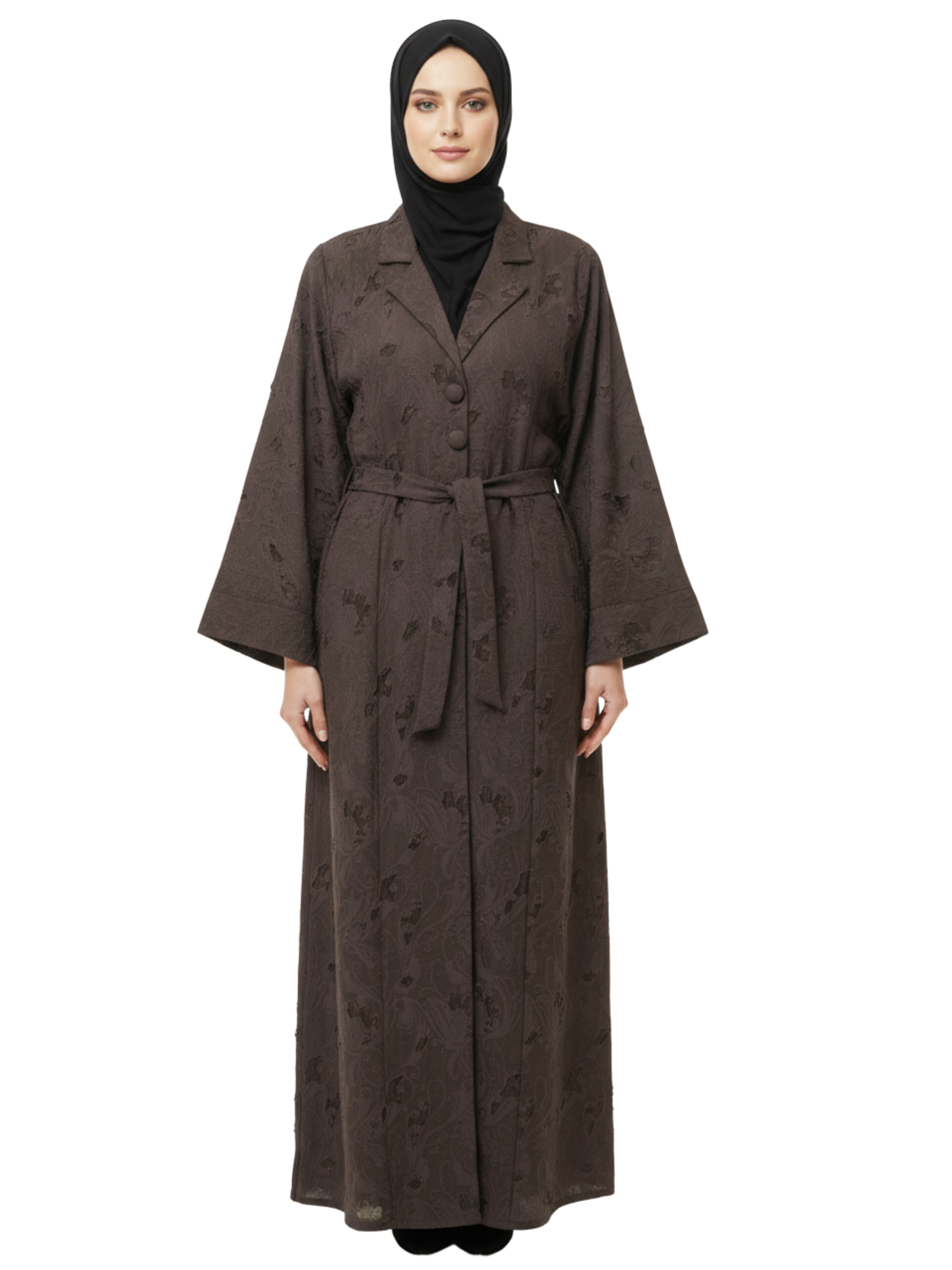 Belted Jacquard Coat-Style Abaya (Mocha Brown) 1044