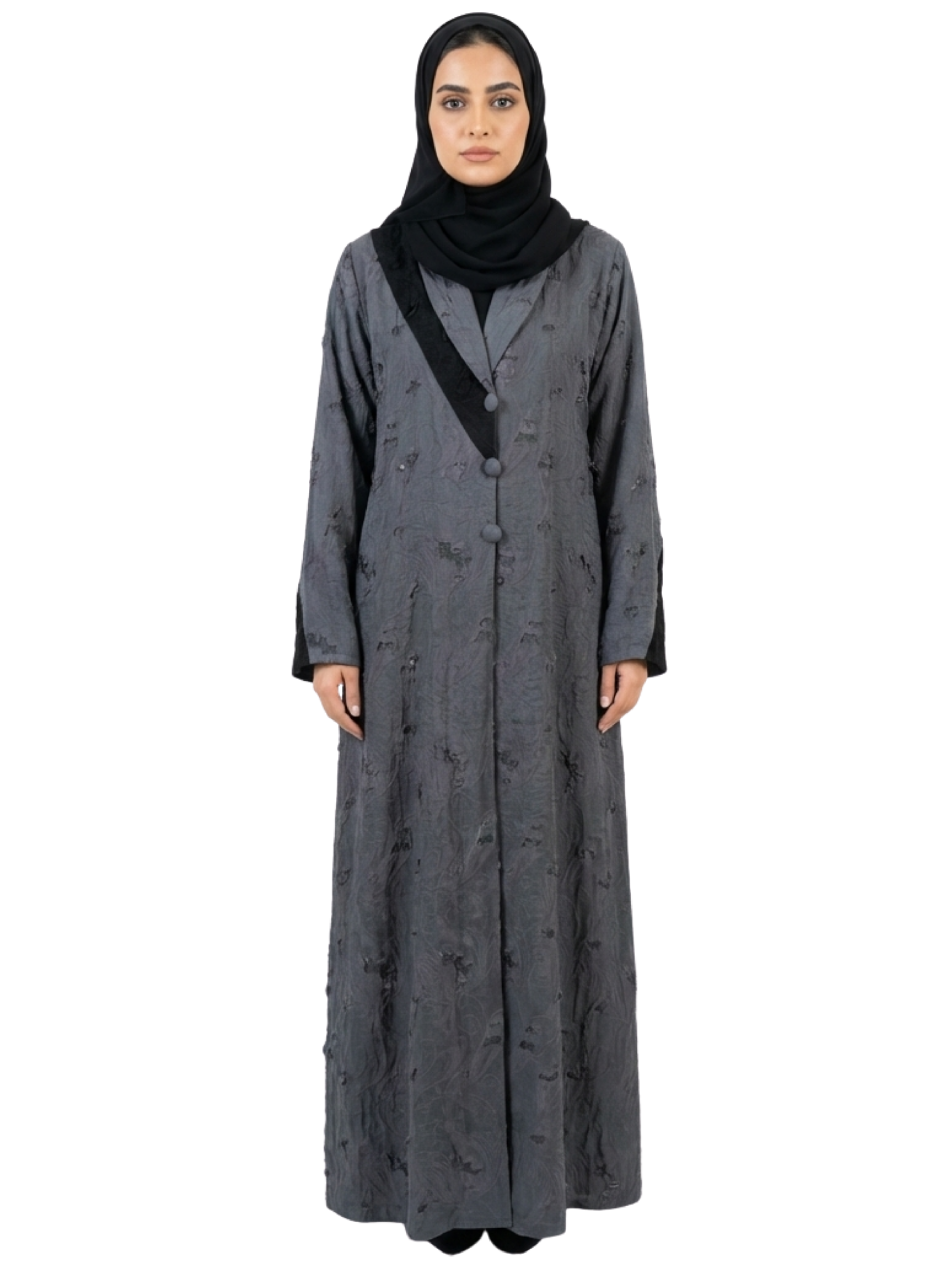 Jacquard Button-Front Abaya (Charcoal Grey & Black Trim) 1041