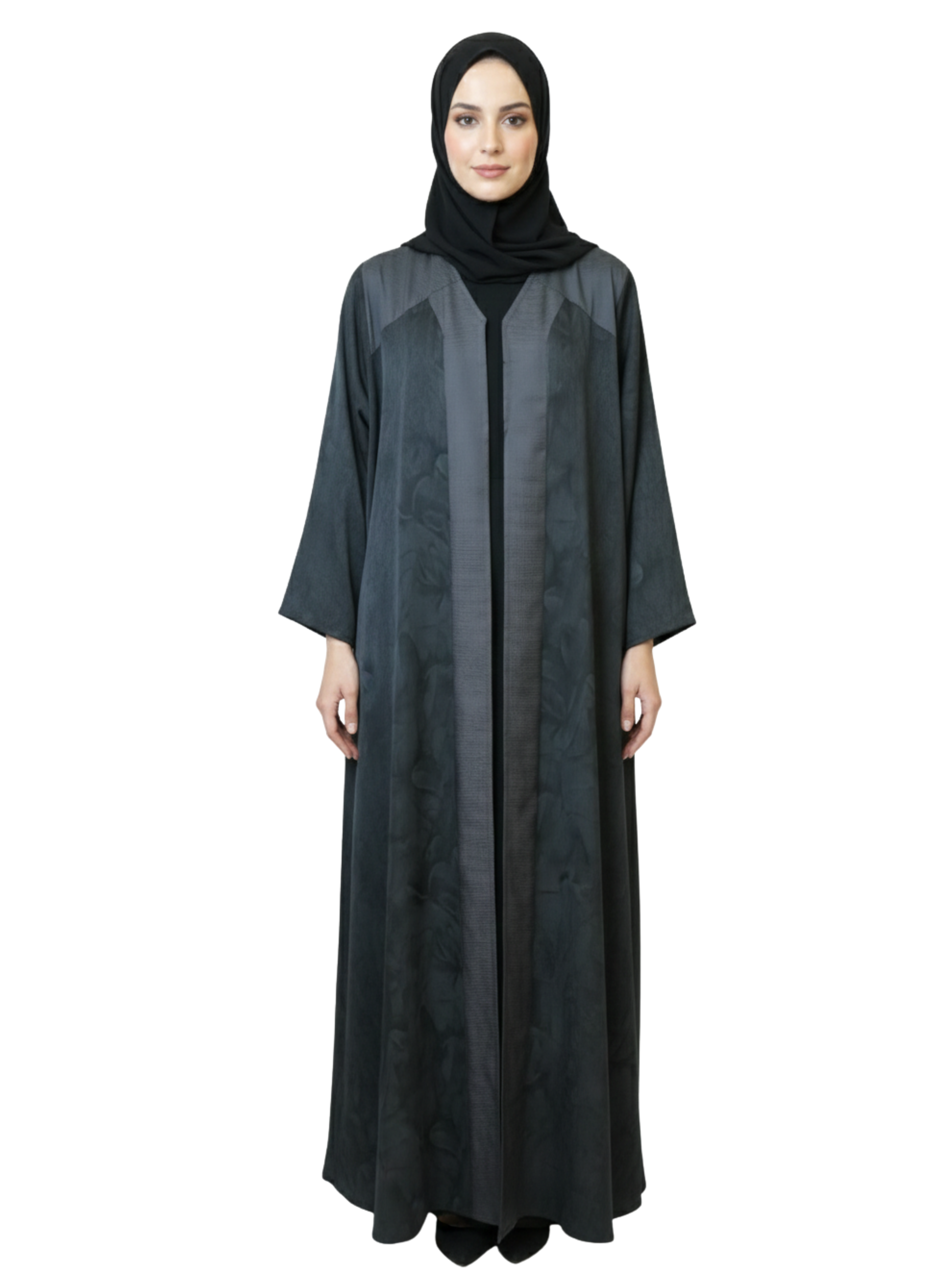 Ombre Floral Open Abaya (Charcoal Grey) 1018