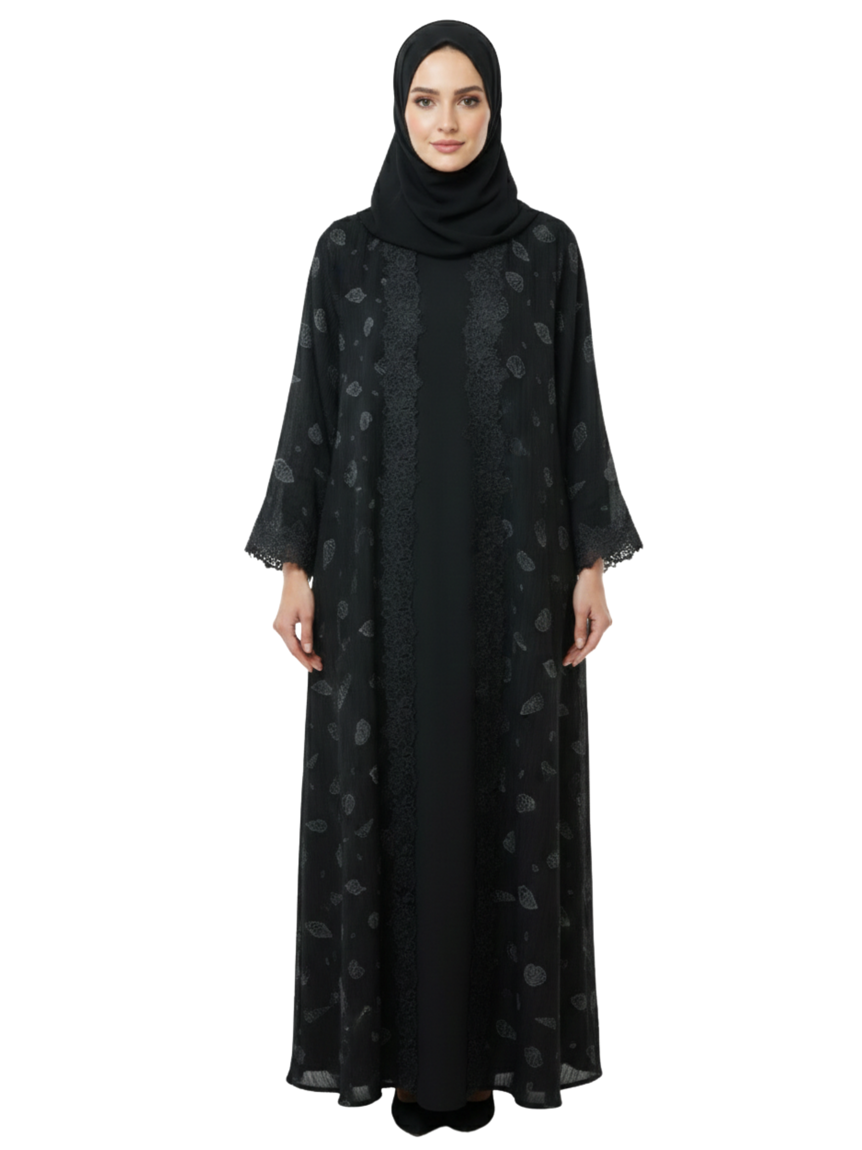 Leaf Print Lace-Trim Abaya (Black) 1087