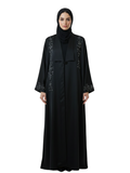 Black Embellished Open Abaya with Front Tie Detail 1027