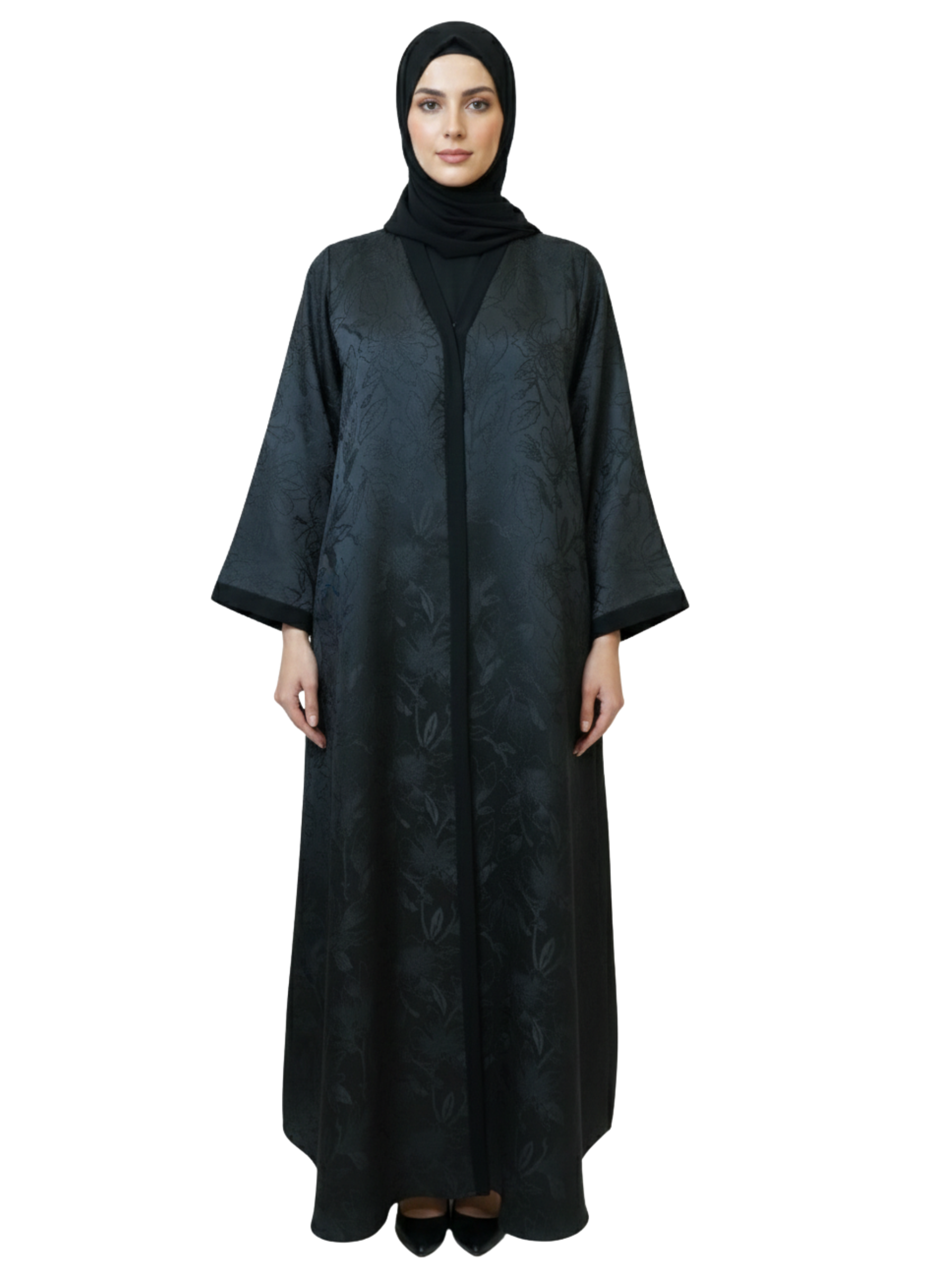 Tonal Floral Jacquard Panel Abaya (Deep Charcoal) 1080