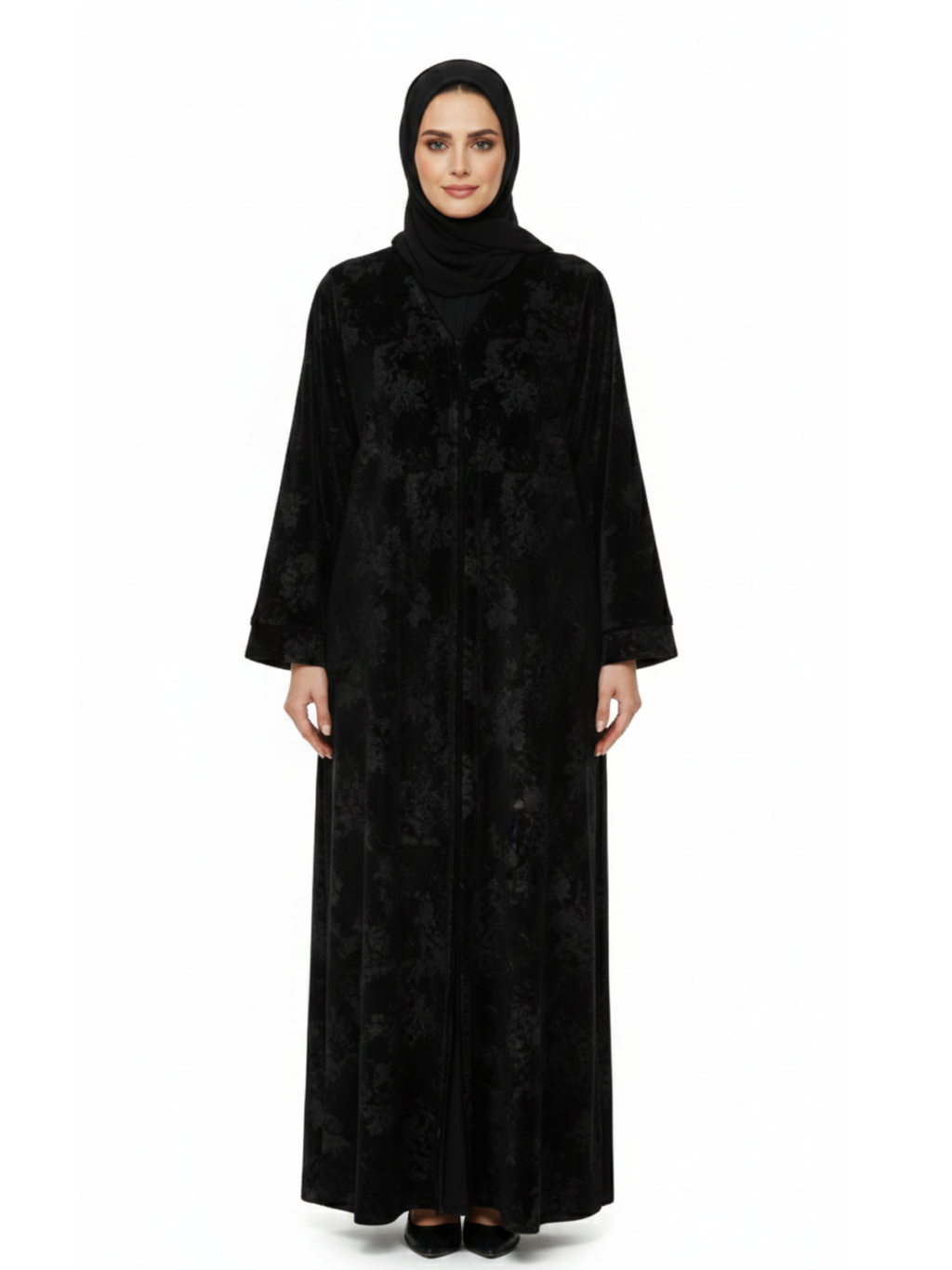 Shadow Floral V-Neck Abaya (Black-on-Black) 1073