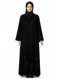 Lace-Trim Jacquard Panel Abaya (Black) 1074