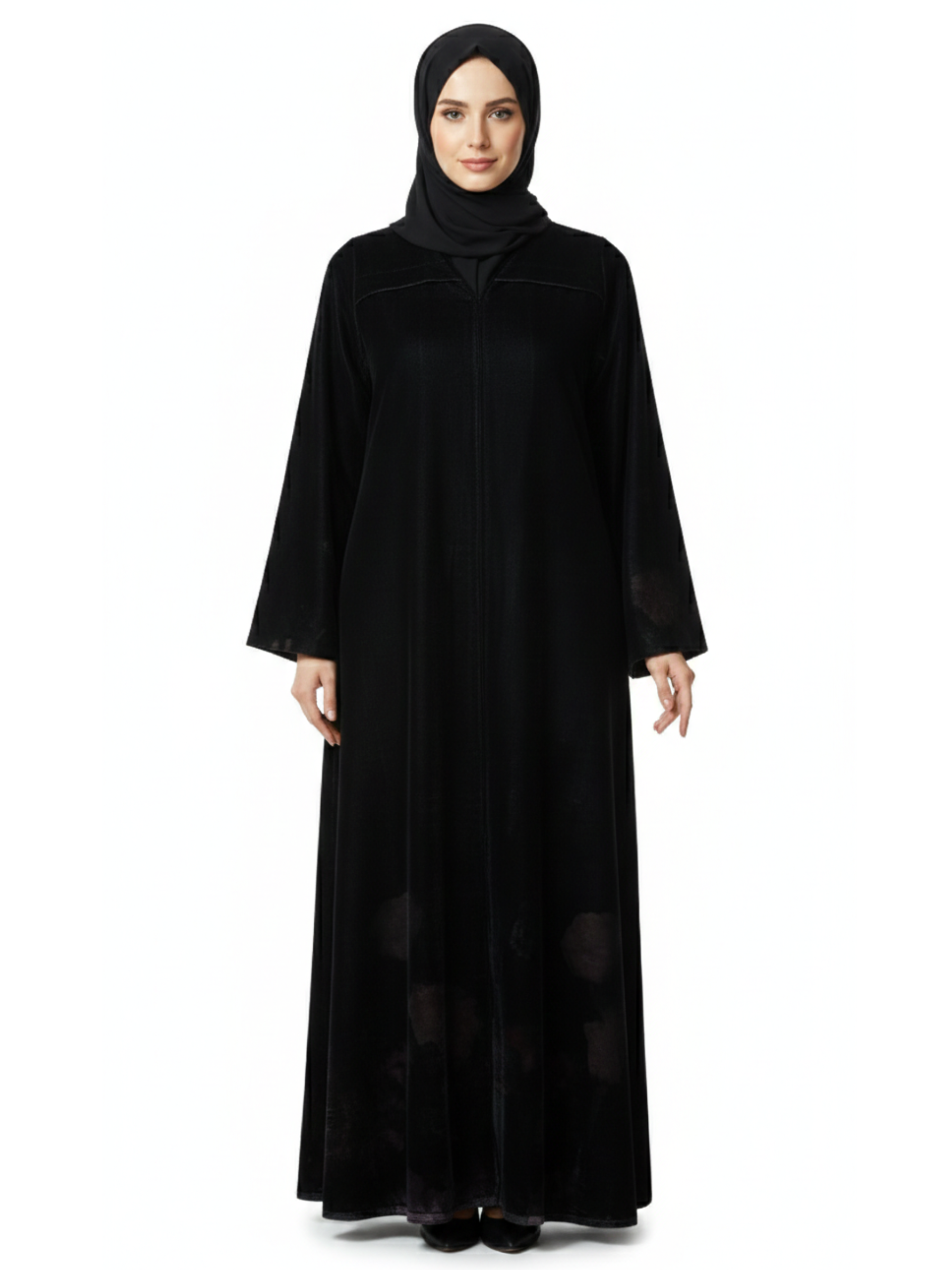 Lace-Trim Jacquard Panel Abaya (Black) 1074