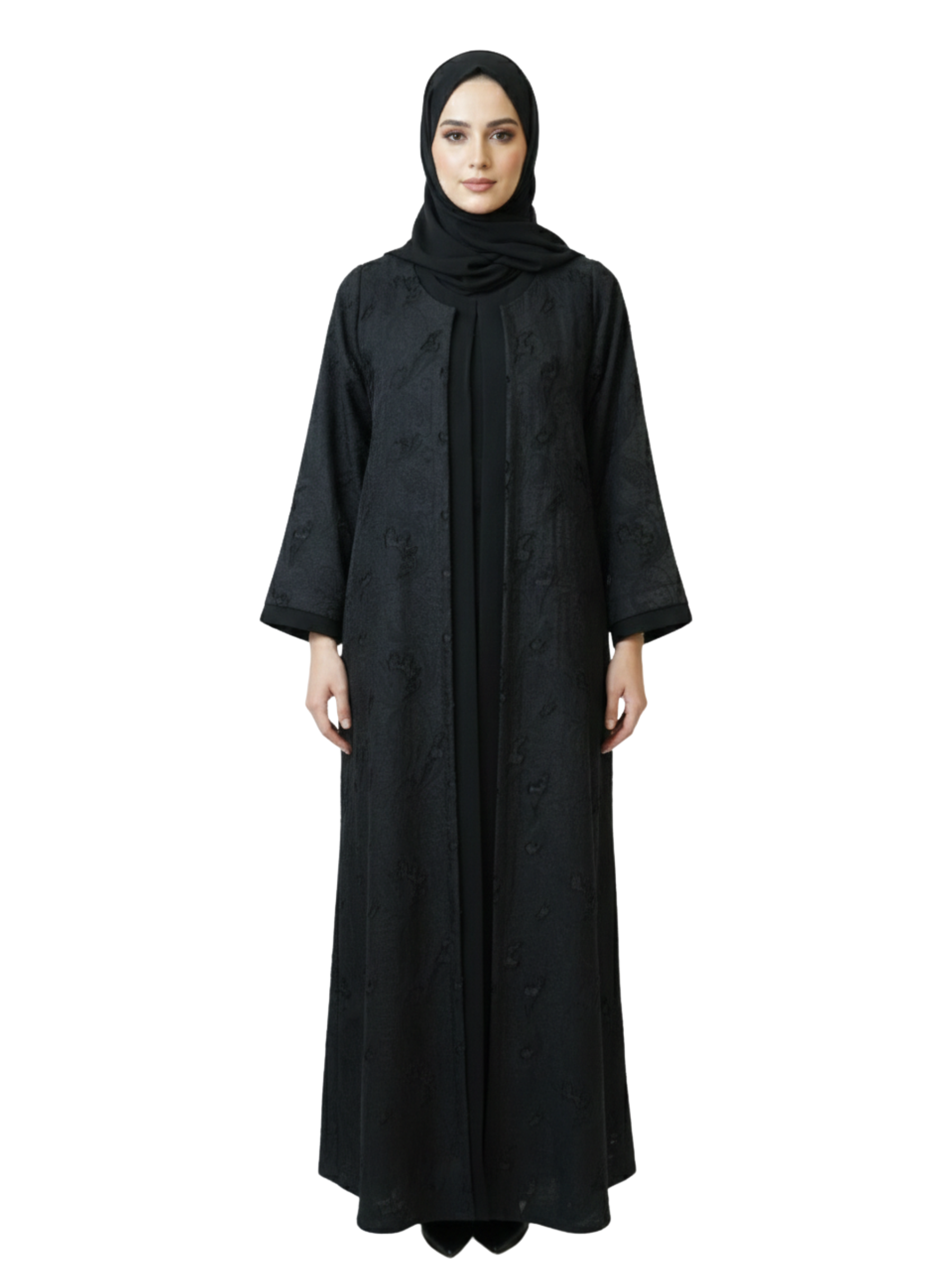Tonal Jacquard Open-Front Abaya (Black) 1038