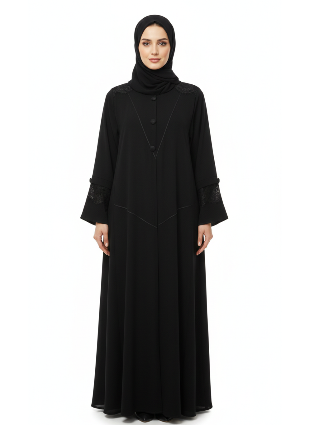 Lace-Trim Detail Abaya (Classic Black) 1050